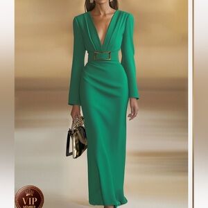Green Deep V Neck Long Sleeve Sheath Maxi Dress